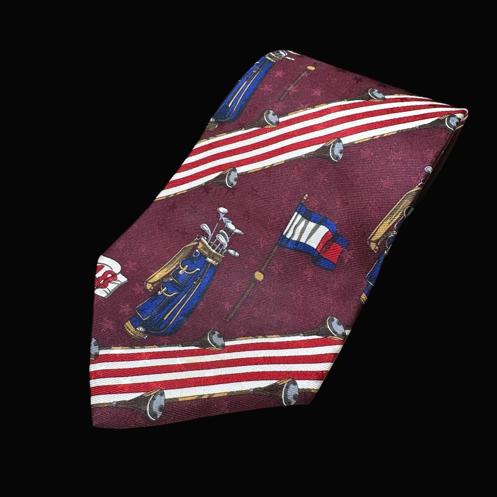 Tommy Hilfiger Mens Silk Tie Burgundy Golf Bag Clubs Flag Stars Made in USA